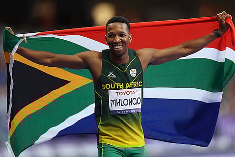 2024 Paris Paralympics: Mpumelelo Mhlongo from South Africa celebrates following the Men's 100 meter T44 final